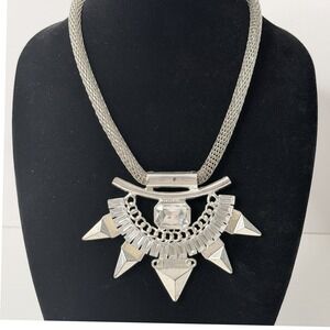 Silver Tone Spiked Sunburst Bib Necklace Mesh Chain Clear Crystal Statement